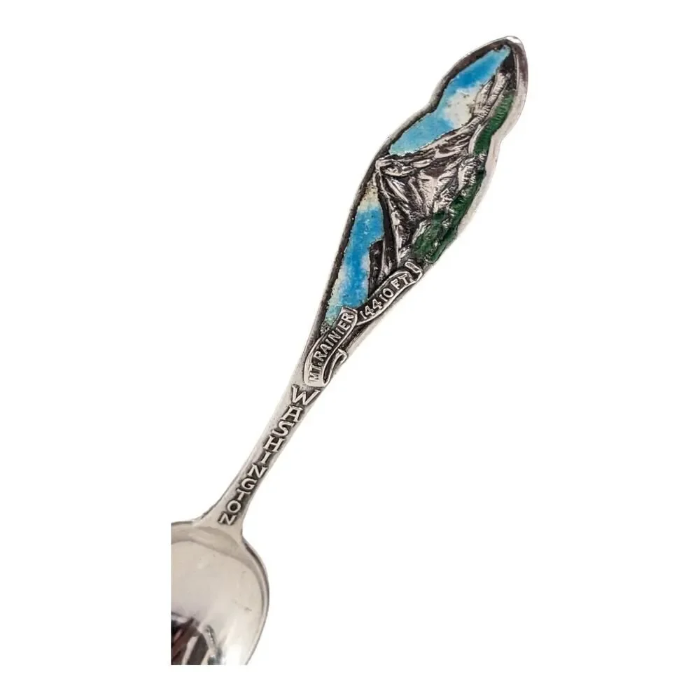 Washington‎ Mt Rainier Enamel Sterling Souvenir Spoon FJT Mining Pick & Shovel